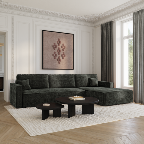 Canapé d'angle droit convertible avec coffre finition noyer LENO Velours tramé
