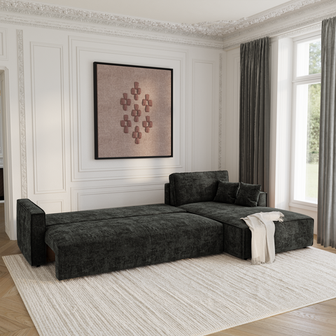 Canapé d'angle droit convertible avec coffre finition noyer LENO Velours tramé