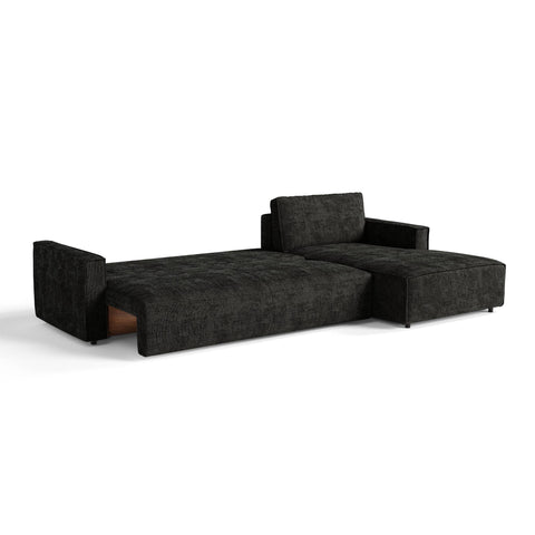 Canapé d'angle droit convertible avec coffre finition noyer LENO Velours tramé