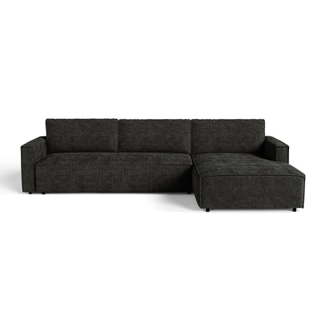Canapé d'angle droit convertible avec coffre finition noyer LENO Velours tramé