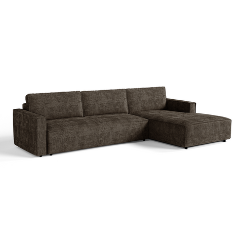 Canapé d'angle droit convertible avec coffre finition noyer LENO Velours tramé