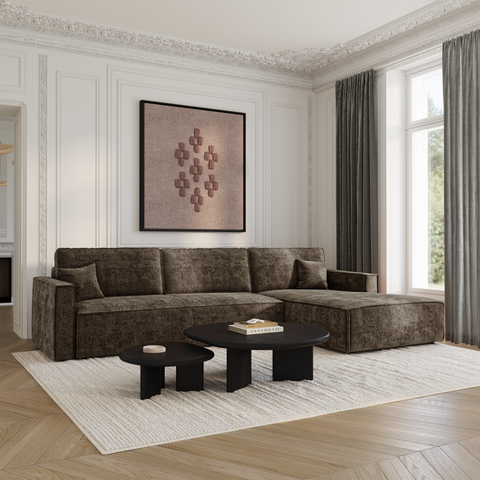 Canapé d'angle droit convertible avec coffre finition noyer LENO Velours tramé