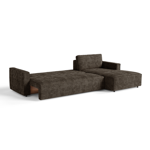 Canapé d'angle droit convertible avec coffre finition noyer LENO Velours tramé