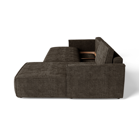 Canapé d'angle droit convertible avec coffre finition noyer LENO Velours tramé