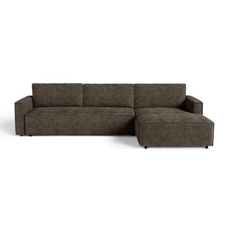 Canapé d'angle droit convertible avec coffre finition noyer LENO Velours tramé
