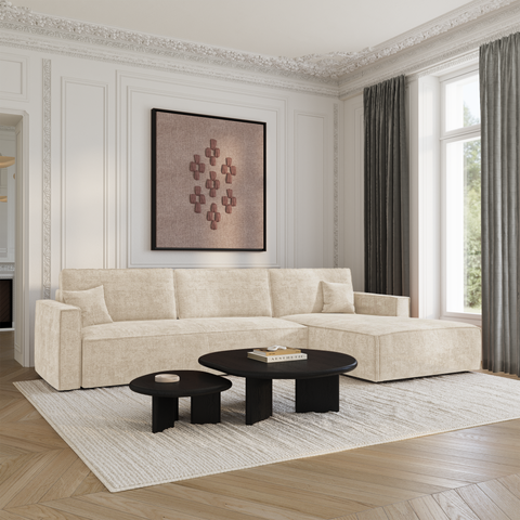 Canapé d'angle droit convertible avec coffre finition noyer LENO Velours tramé