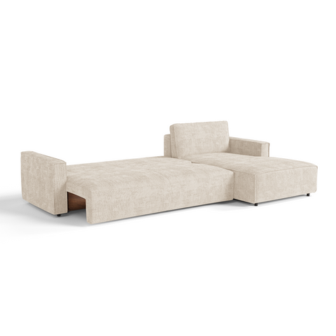 Canapé d'angle droit convertible avec coffre finition noyer LENO Velours tramé