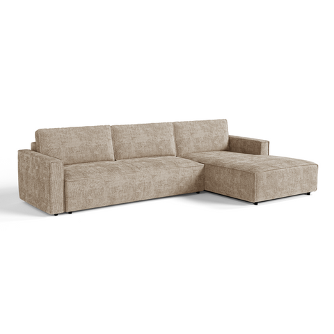 Canapé d'angle droit convertible avec coffre finition noyer LENO Velours tramé