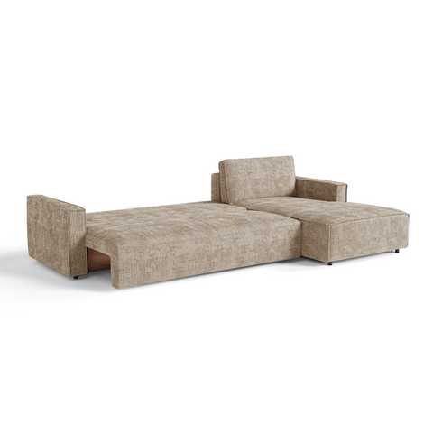 Canapé d'angle droit convertible avec coffre finition noyer LENO Velours tramé