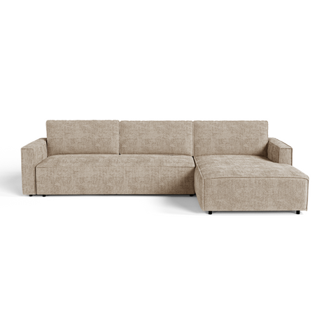 Canapé d'angle droit convertible avec coffre finition noyer LENO Velours tramé