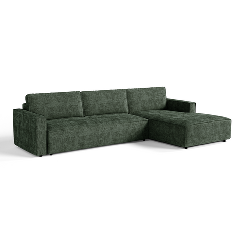 Canapé d'angle droit convertible avec coffre finition noyer LENO Velours tramé