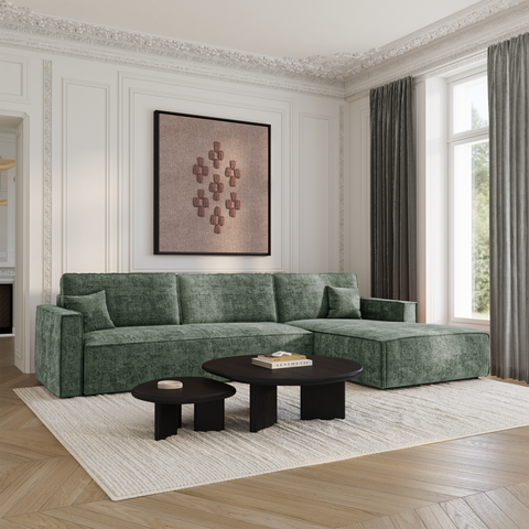 Canapé d'angle droit convertible avec coffre finition noyer LENO Velours tramé