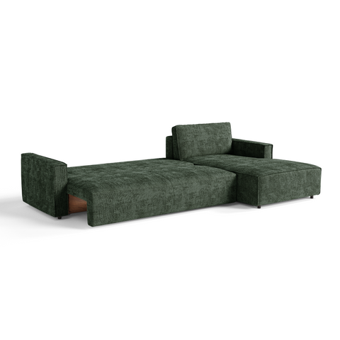 Canapé d'angle droit convertible avec coffre finition noyer LENO Velours tramé