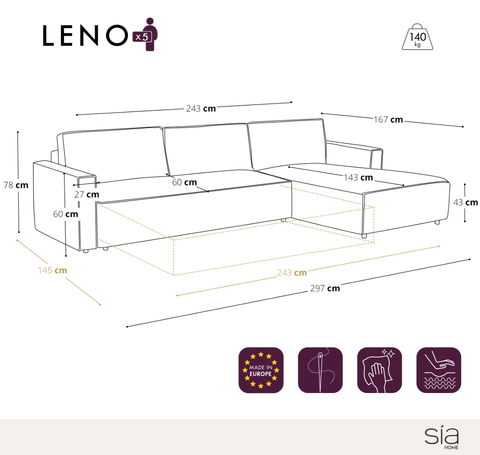 Canapé d'angle droit convertible avec coffre finition noyer LENO Velours tramé