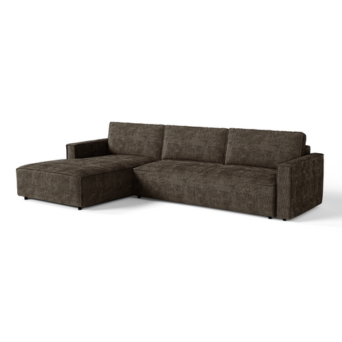 Canapé d'angle gauche convertible avec coffre finition noyer LENO Velours tramé