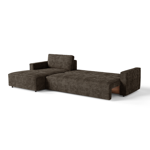 Canapé d'angle gauche convertible avec coffre finition noyer LENO Velours tramé
