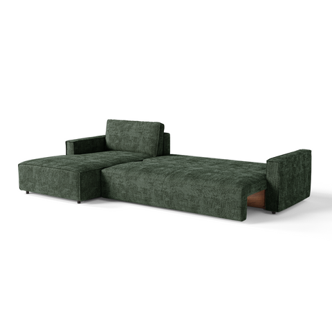 Canapé d'angle gauche convertible avec coffre finition noyer LENO Velours tramé