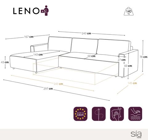 Canapé d'angle gauche convertible avec coffre finition noyer LENO Velours tramé