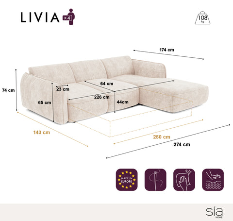 Canapé d'angle droit convertible LIVIA velours tramé