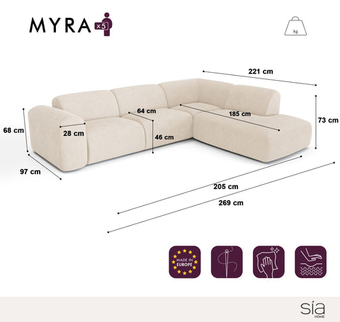 Canapé grand angle droit avec dossier sur la méridienne MYRA Tissu tramé