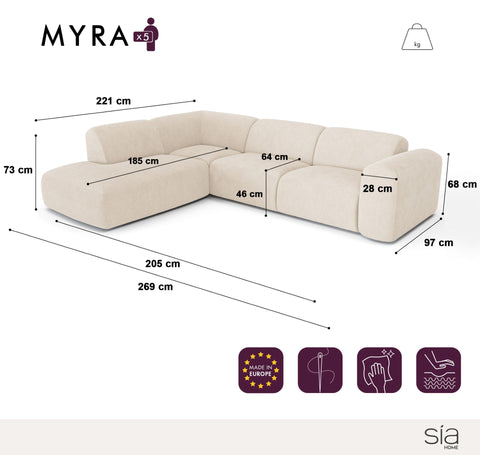 Canapé grand angle gauche avec dossier sur la méridienne MYRA Velours à motifs