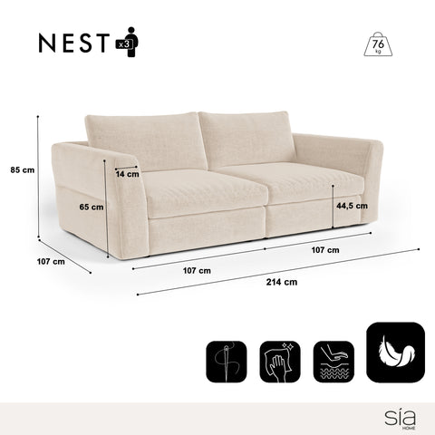 Canapé modulable 3 places NEST tissu tramé toucher doux beige