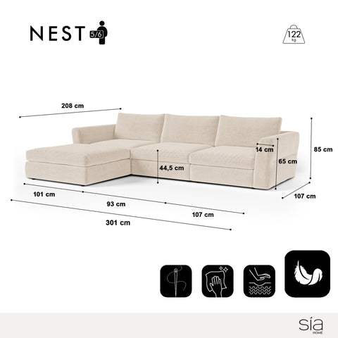 Canapé d'angle réversible 5-6 places NEST tissu tramé toucher doux beige