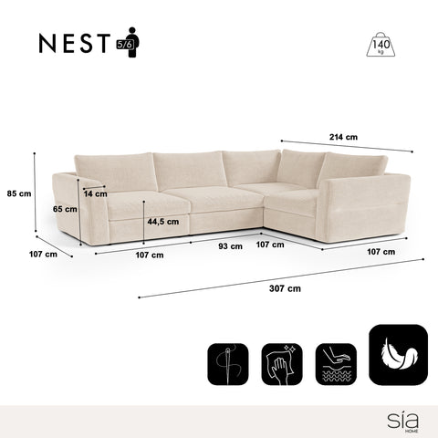 Canapé d'angle droit modulable 5-6 places NEST tissu tramé toucher doux beige