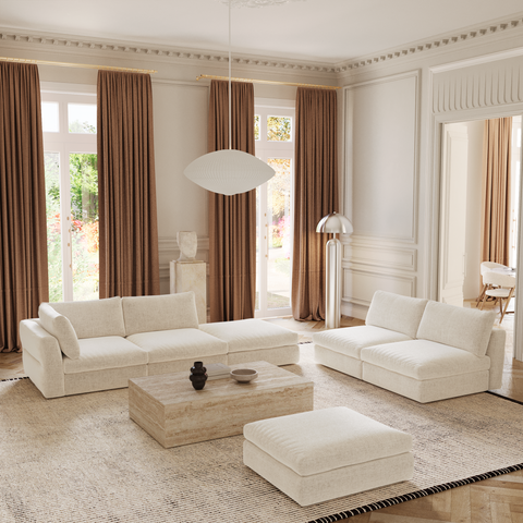 Canapé modulable 4-5 places gauche NEST tissu tramé toucher doux beige