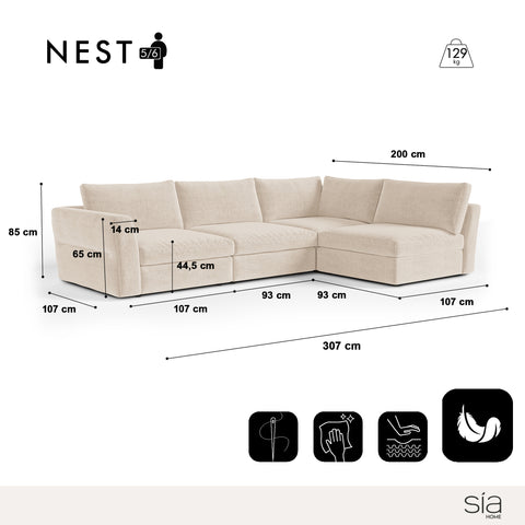 Canapé d'angle droit modulable 5-6 places NEST tissu tramé toucher doux beige