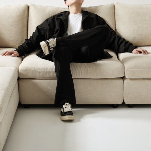 Canapé d'angle droit modulable 5-6 places NEST tissu tramé toucher doux beige