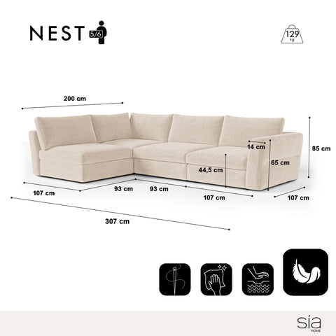 Canapé d'angle gauche modulable 5-6 places NEST tissu tramé toucher doux beige
