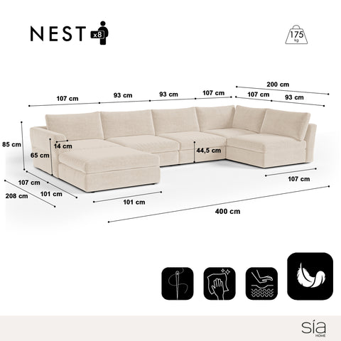Canapé grand angle modulable 8 places NEST tissu tramé toucher doux beige