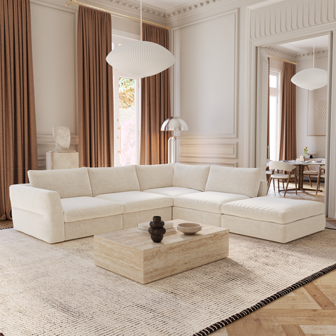 Canapé grand angle droit modulable 7 places NEST tissu tramé toucher doux beige