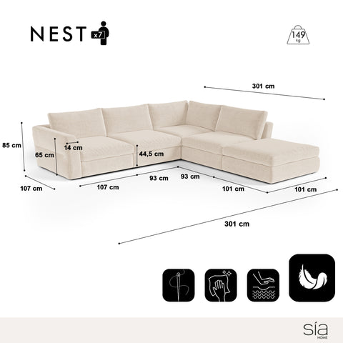 Canapé grand angle droit modulable 7 places NEST tissu tramé toucher doux beige