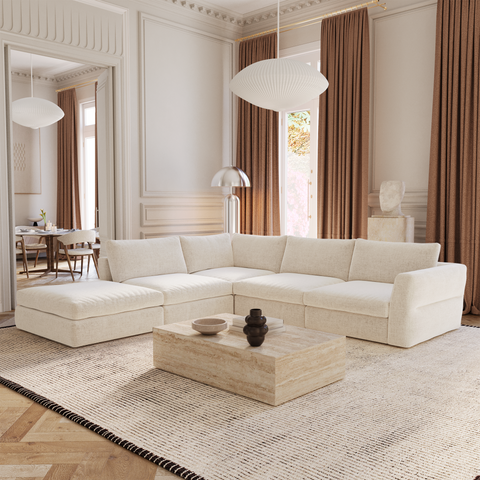 Canapé grand angle gauche modulable 7 places NEST tissu tramé toucher doux beige