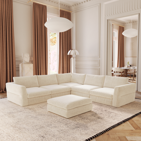 Canapé d'angle panoramique modulable 7-8 places NEST tissu tramé toucher doux beige