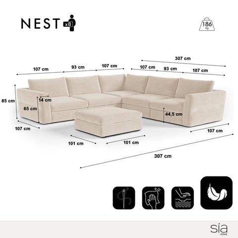 Canapé d'angle panoramique modulable 8 places NEST tissu tramé toucher doux beige