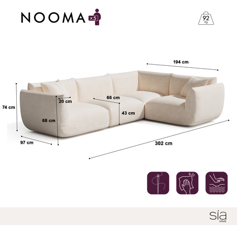 Canapé d'angle droit modulable 5-6 places NOOMA velours chenillé crème
