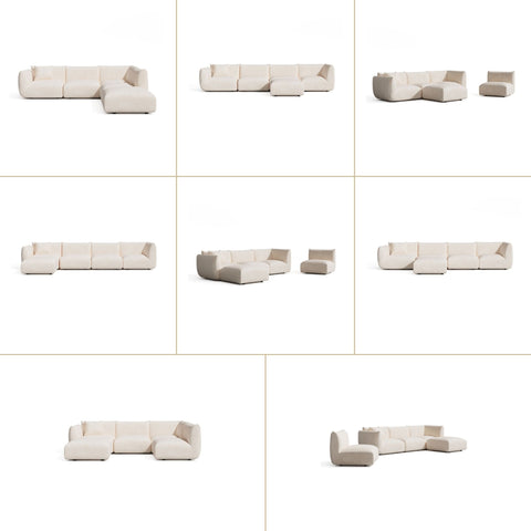 Canapé grand angle droit modulable 7 places NOOMA velours chenillé crème