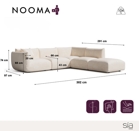 Canapé grand angle droit modulable 7 places NOOMA velours chenillé crème