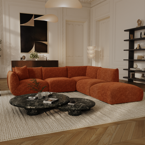 Canapé grand angle droit modulable 7 places NOOMA velours chenillé terracotta