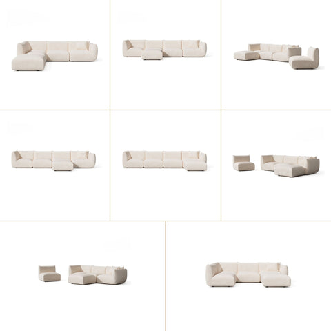 Canapé grand angle gauche modulable 7 places NOOMA velours chenillé crème