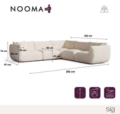 Canapé d'angle panoramique modulable 7-8 places NOOMA velours chenillé crème