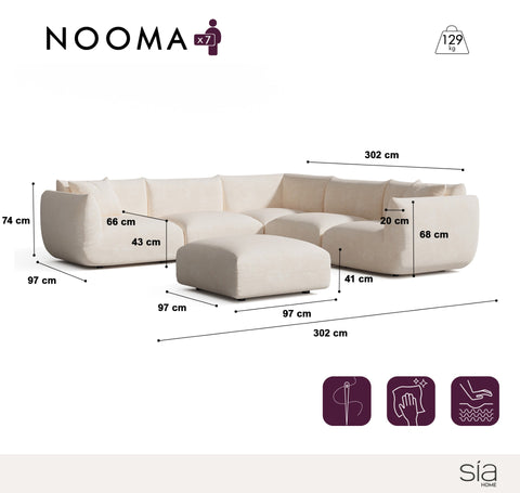 Canapé d'angle panoramique modulable 8 places NOOMA velours chenillé crème