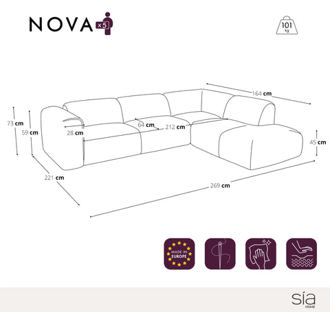 Canapé grand angle droit avec dossier sur la méridienne NOVA tissu bouclette