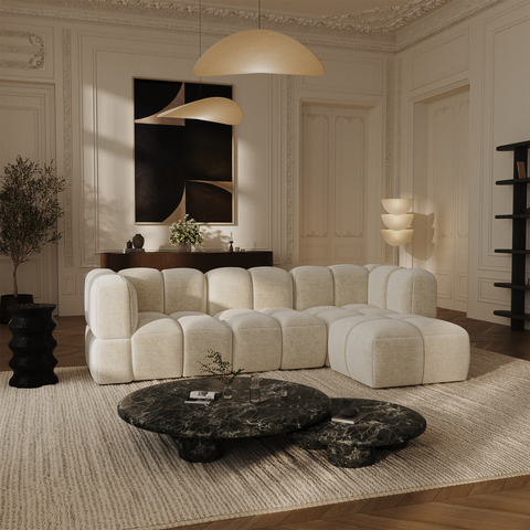 Canapé d'angle modulable 5-6 places NUBI velours texturé crème