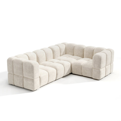 Canapé d'angle droit modulable 5-6 places NUBI velours texturé crème