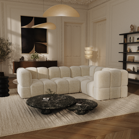 Canapé d'angle droit modulable 5-6 places NUBI velours texturé crème