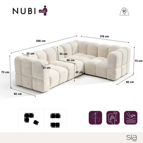Canapé d'angle droit modulable 5-6 places NUBI velours texturé crème